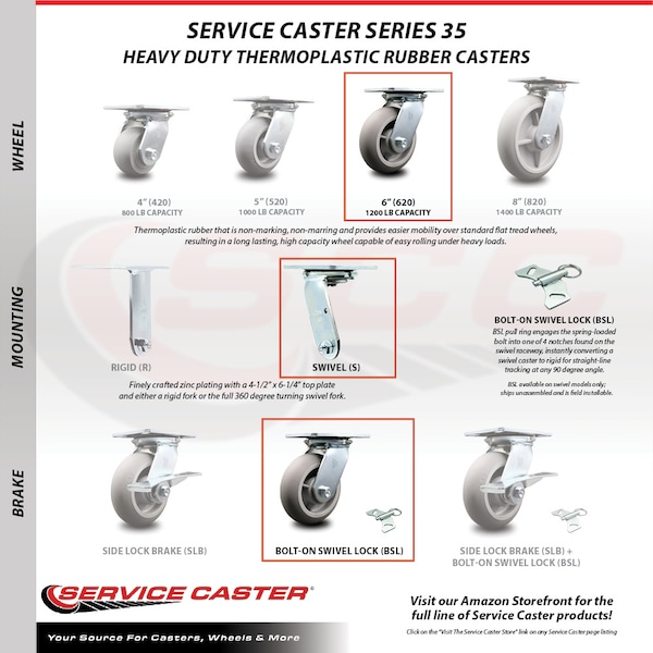6 Inch Thermoplastic Rubber Caster Set with Roller Bearings and Swivel Locks SCC